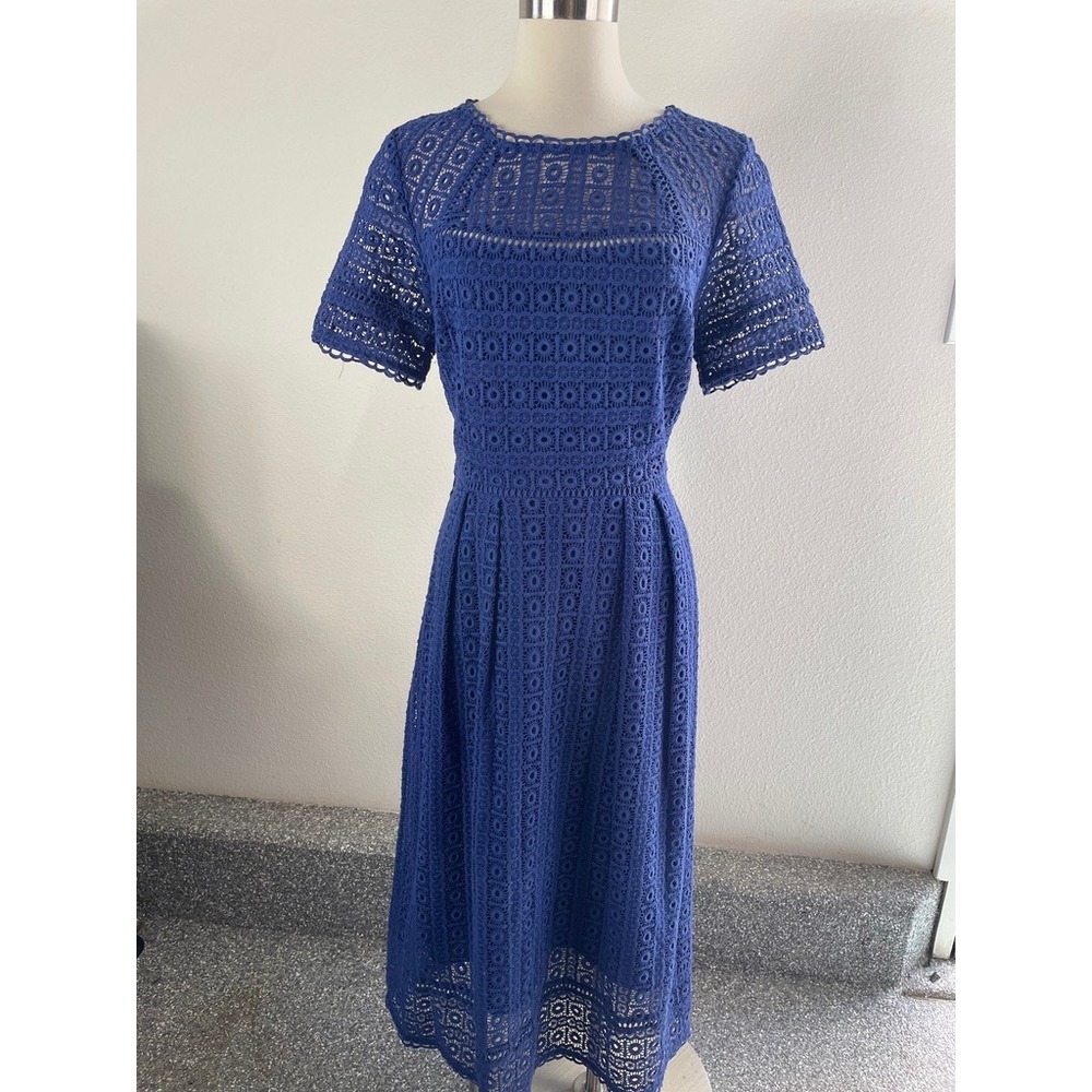 Boden Womens 10R Crochet Lace Cobalt Blue Short Sleeve Midi Althea Dress